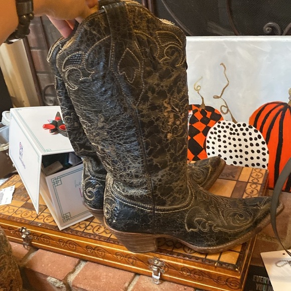 Corral Western Women's Black Vintage Lizard Inlay Boots M. Size 7 - Picture 8 of 16